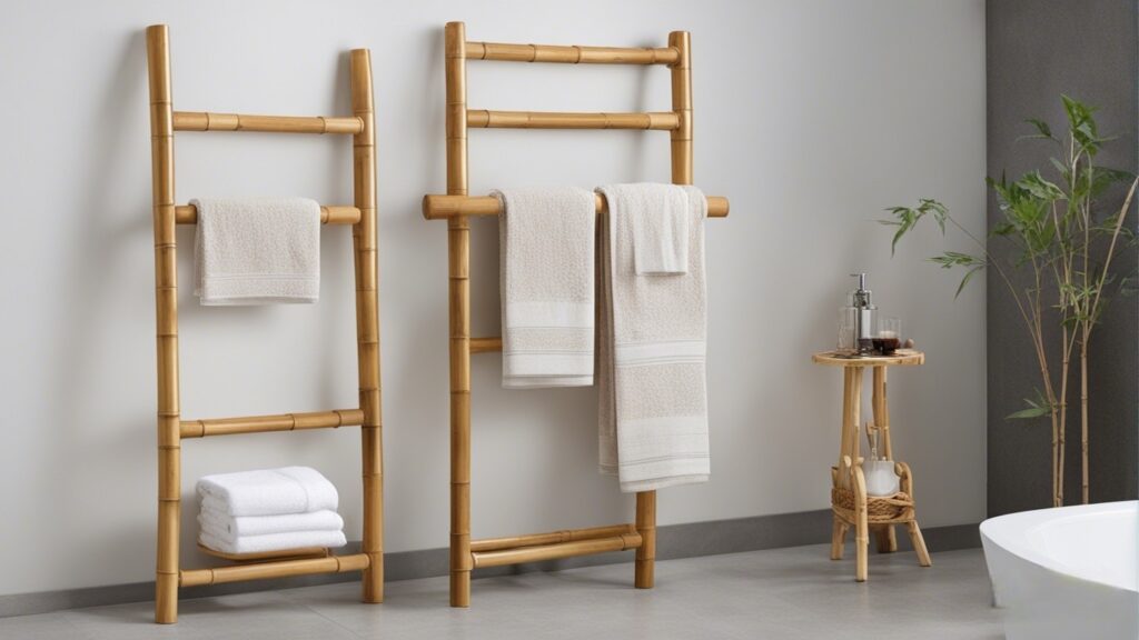 Bamboo Ladder Towel Rack in bathroom