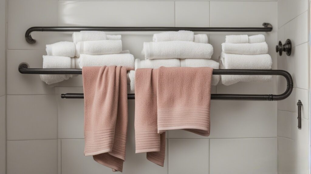 Towels Hanging on towel rack in Bathroom