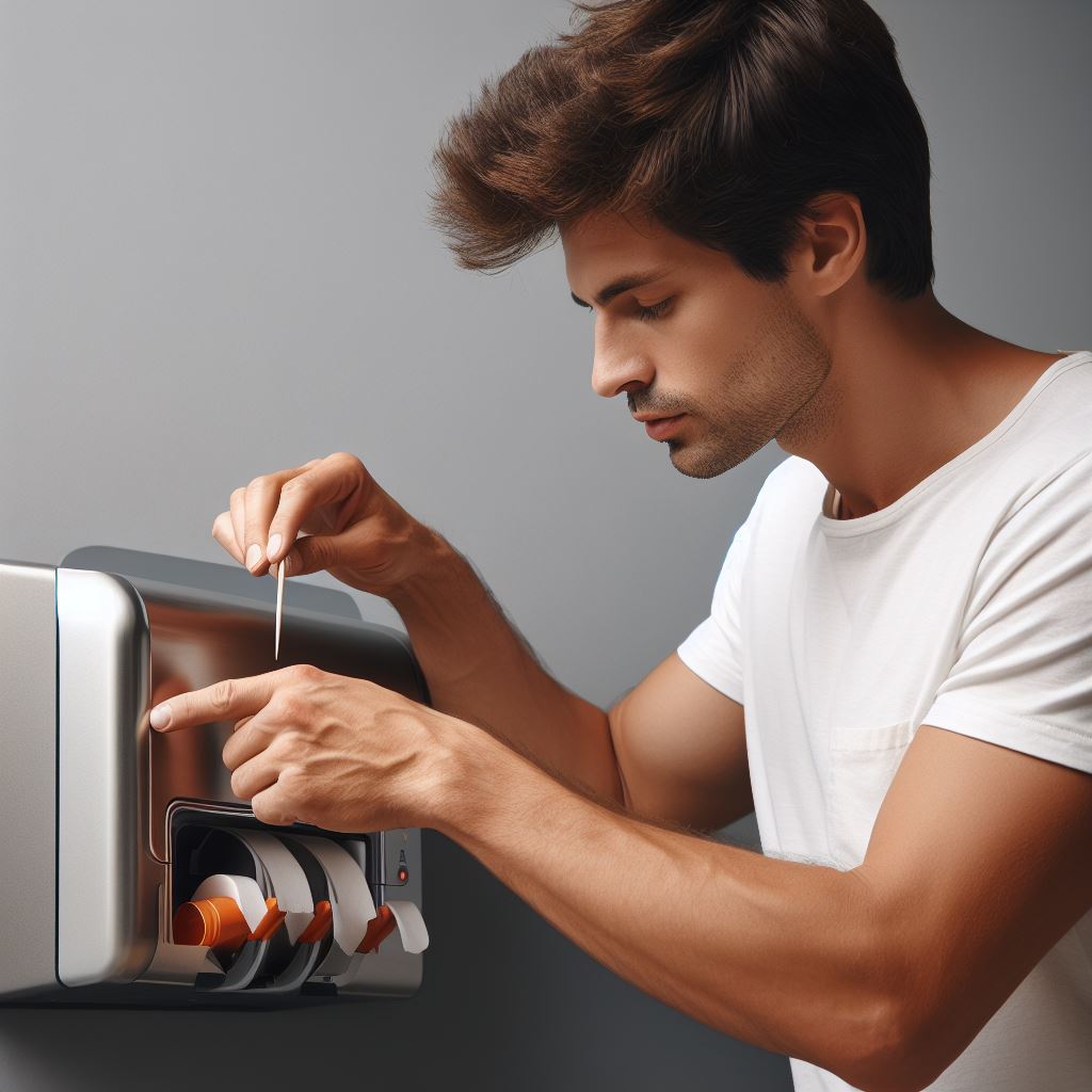 A man inserting a toothpick into the small hole on an automatic paper towel dispenser.
