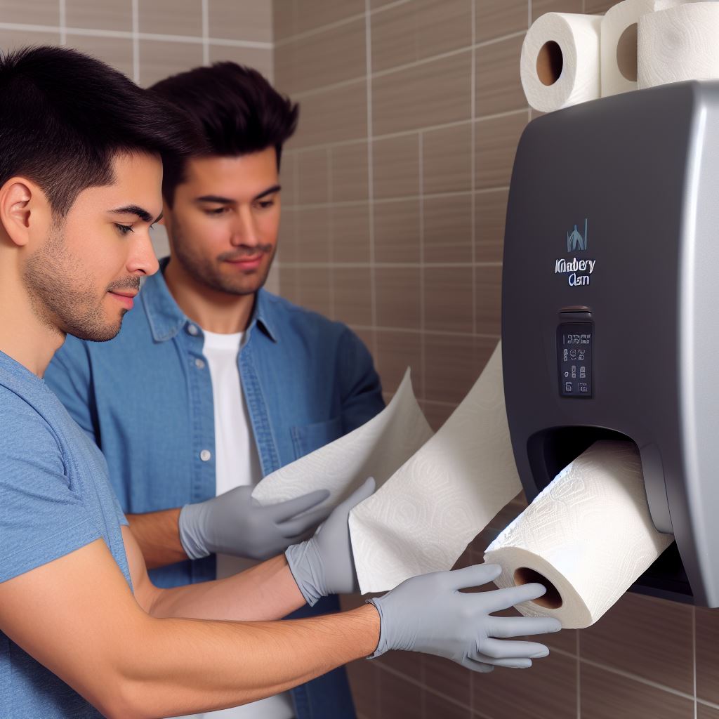 A man loading paper towels into a Kimberly Clark paper towel dispenser.
