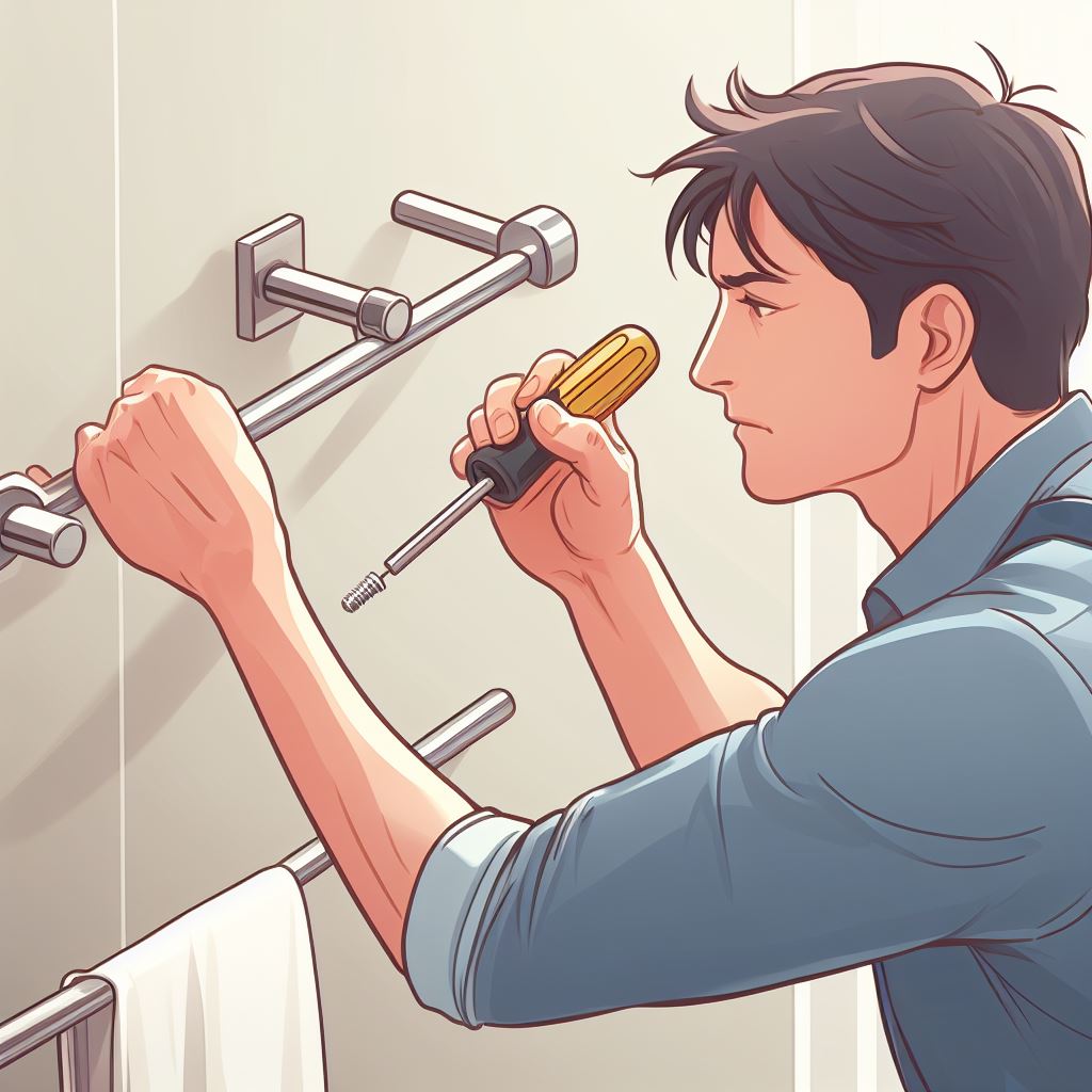 A man loosening the screws of a towel bar with a screwdriver.