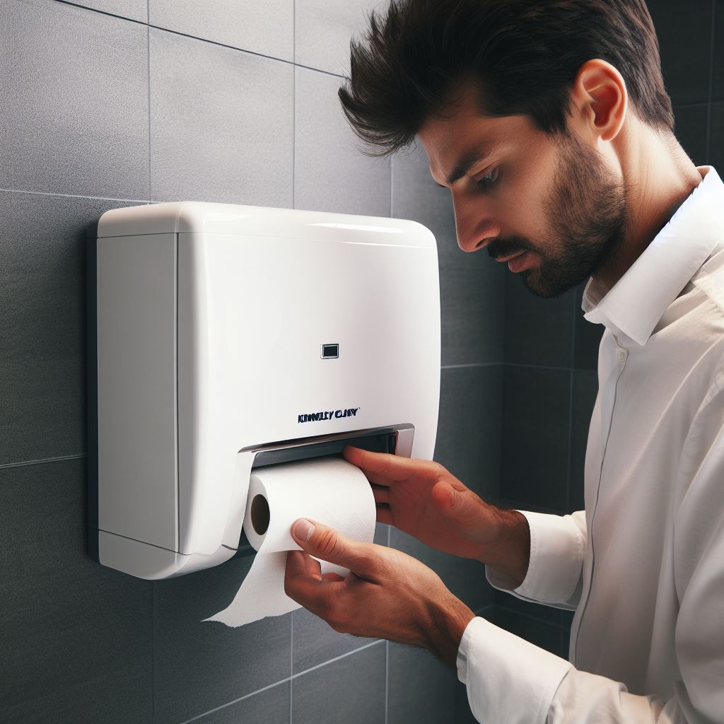 A man opening a Kimberly Clark paper towel dispenser in a public restroom.