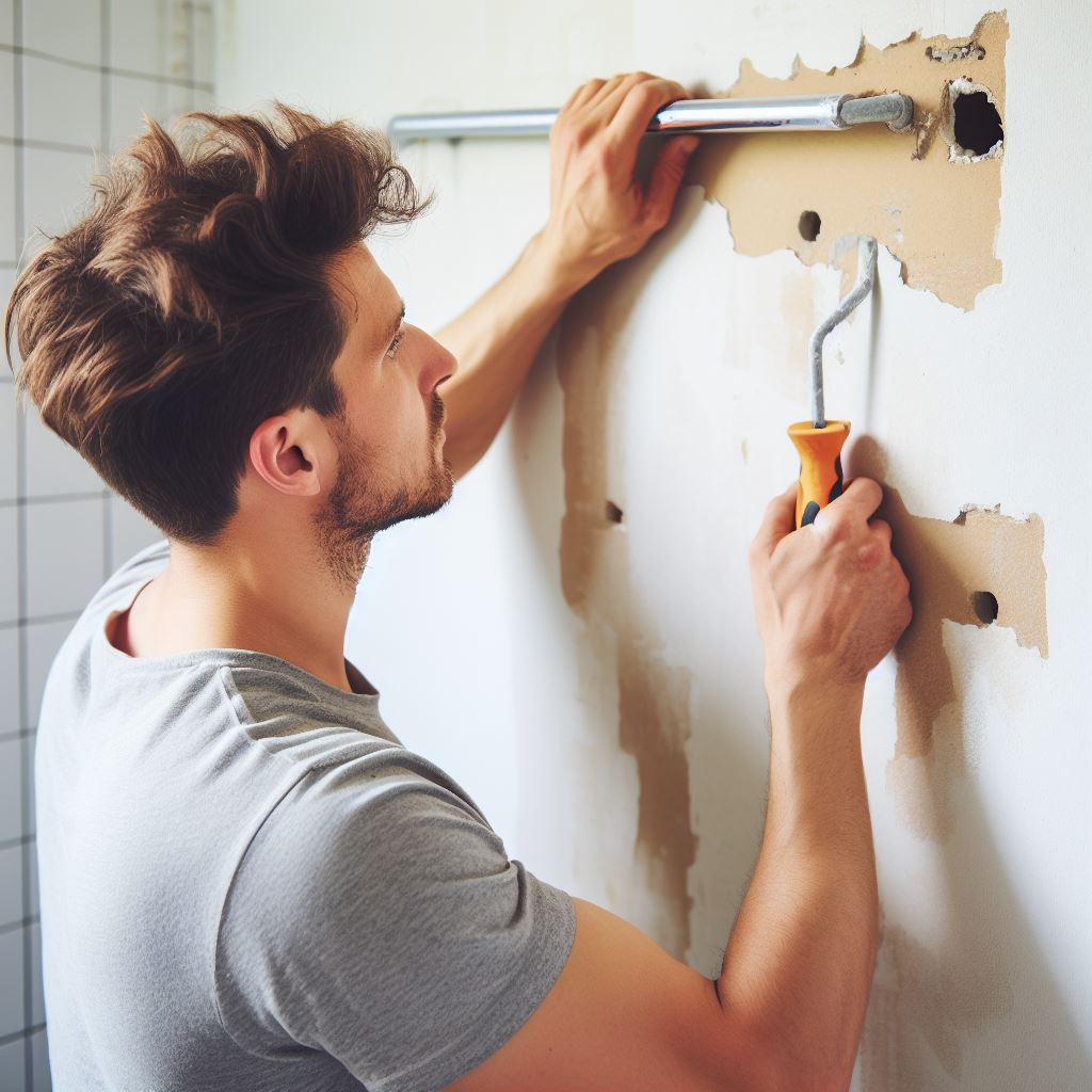 A man patching the holes in the wall after removing the towel bar.
