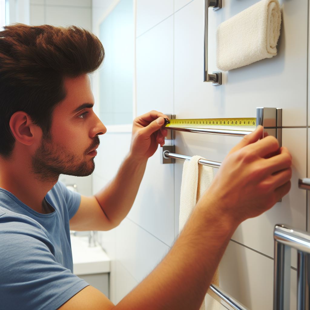 Man measuring the distance between the mounting brackets for the towel bar.