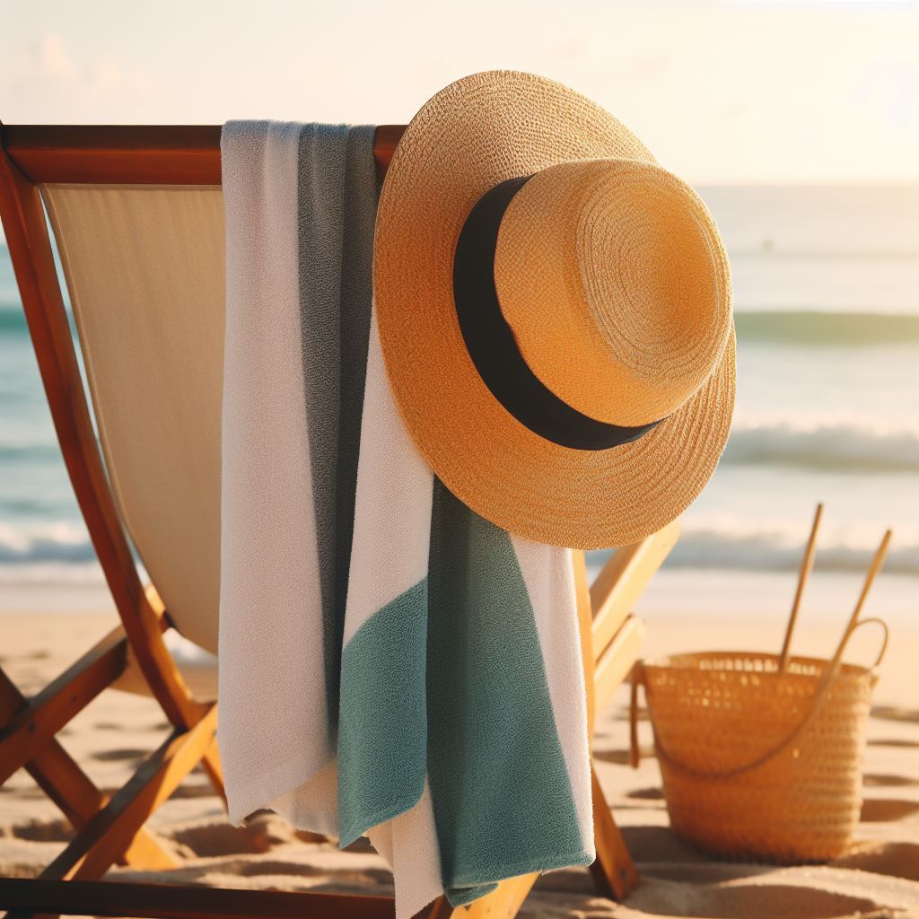 A beach towel hung over a wooden beach chair with a straw hat hanging on the corner.