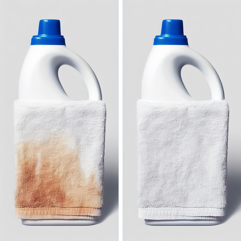 A before-and-after shot of a stained white towel, showcasing the effectiveness of a bleach.