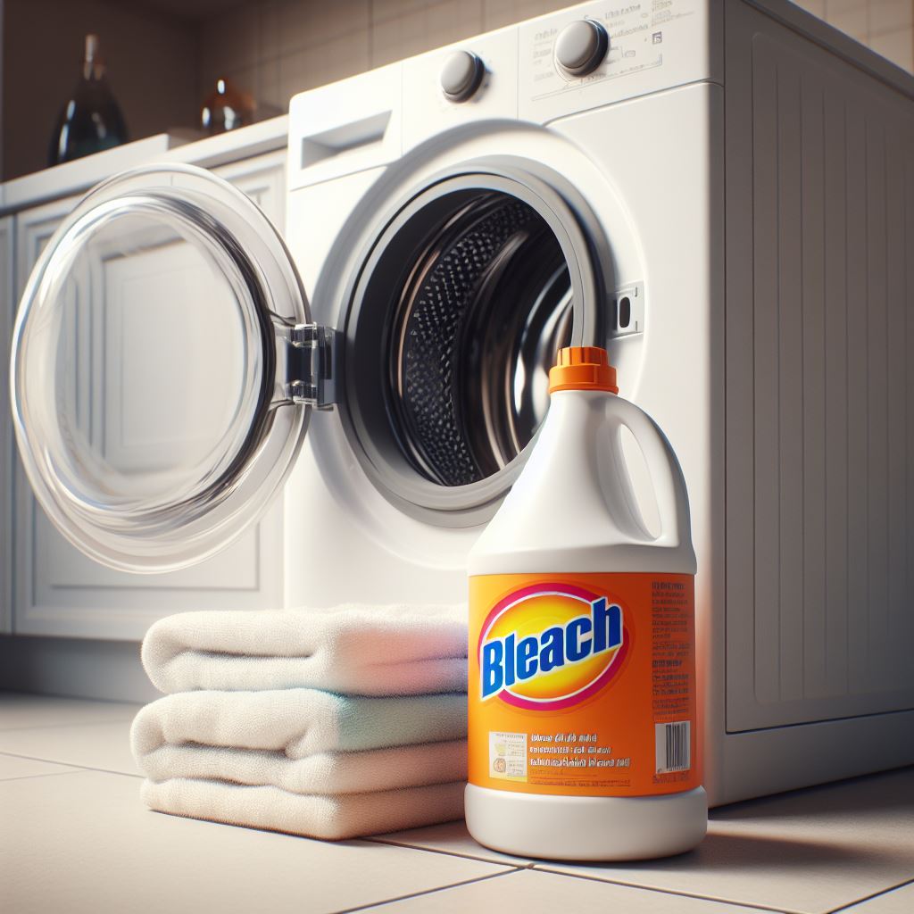 A bottle of color-safe bleach next to a washing machine, with white towels.