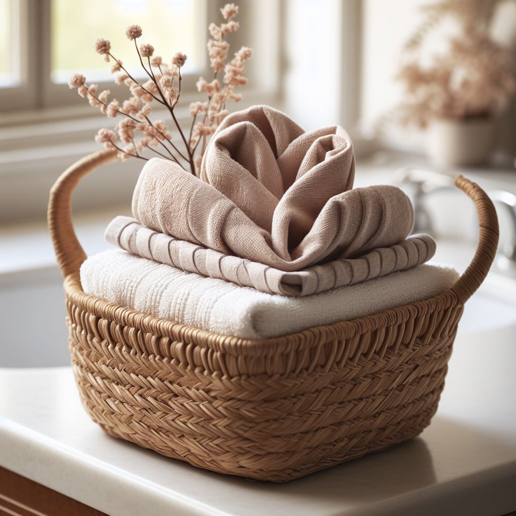 A hand towel folded using the rose fold, placed on a countertop next to a sink.
