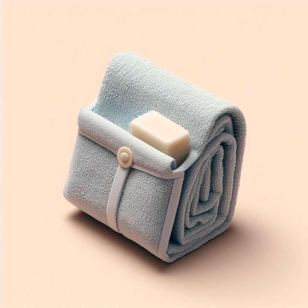 A hand towel folded using the pocket fold, with a small soap and washcloth placed in the pocket.
