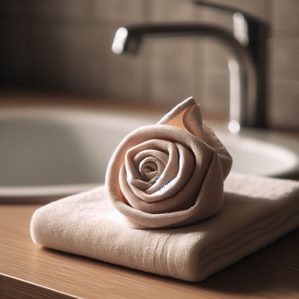 A hand towel folded using the rose fold, placed on a countertop next to a sink.
