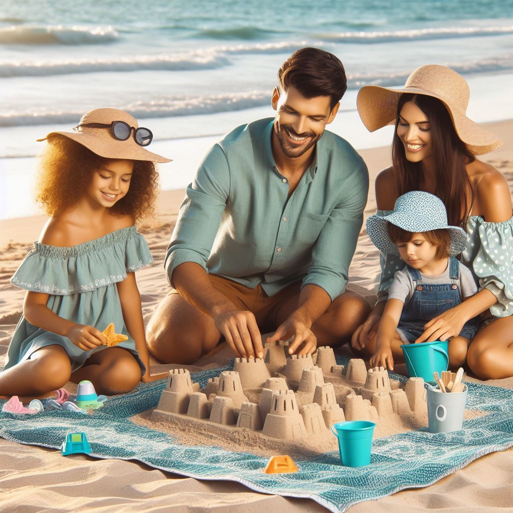 A happy family sitting on a large beach towel on the sand, with kids building sandcastles