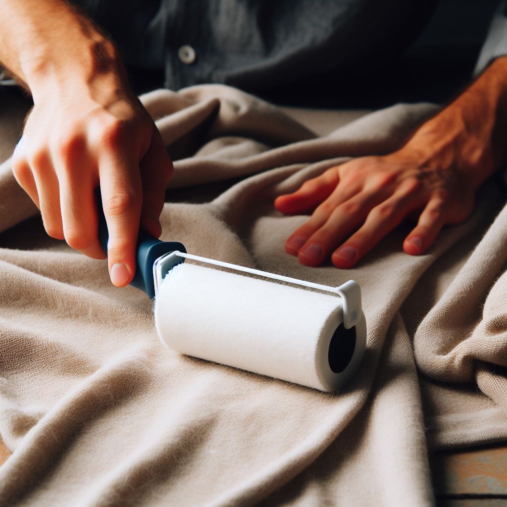 A person using a lint roller to remove lint from a towel.