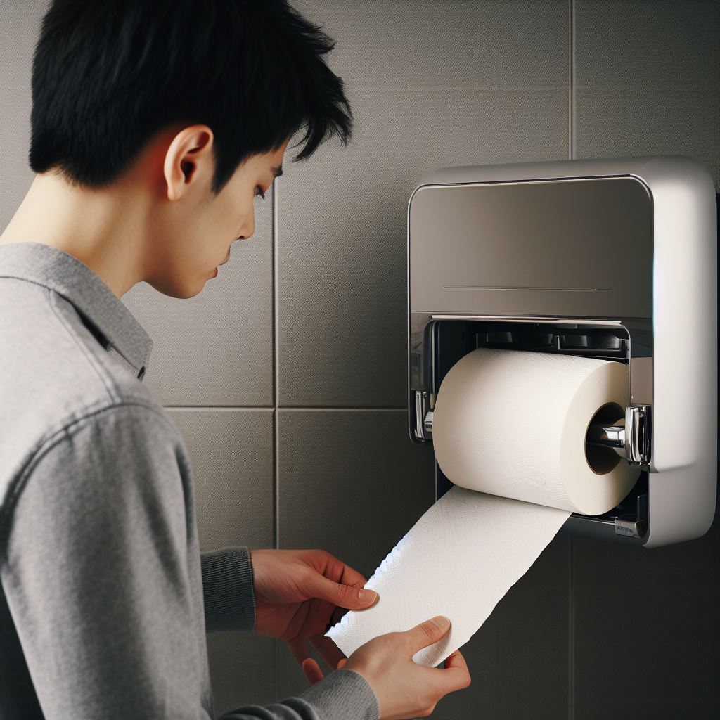 A picture of a person who is dispensing the paper towel roll from a paper towel dispenser.