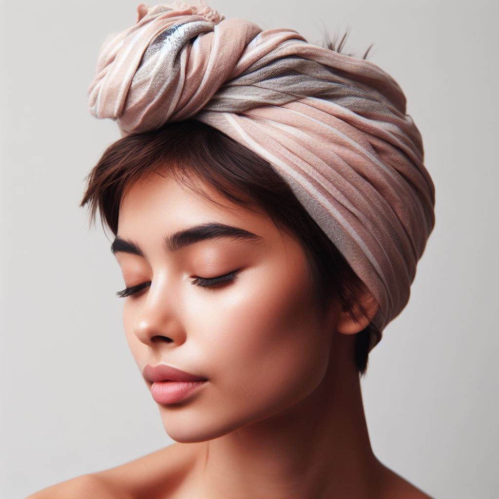 A picture of a woman with short hair doing a turban wrap.