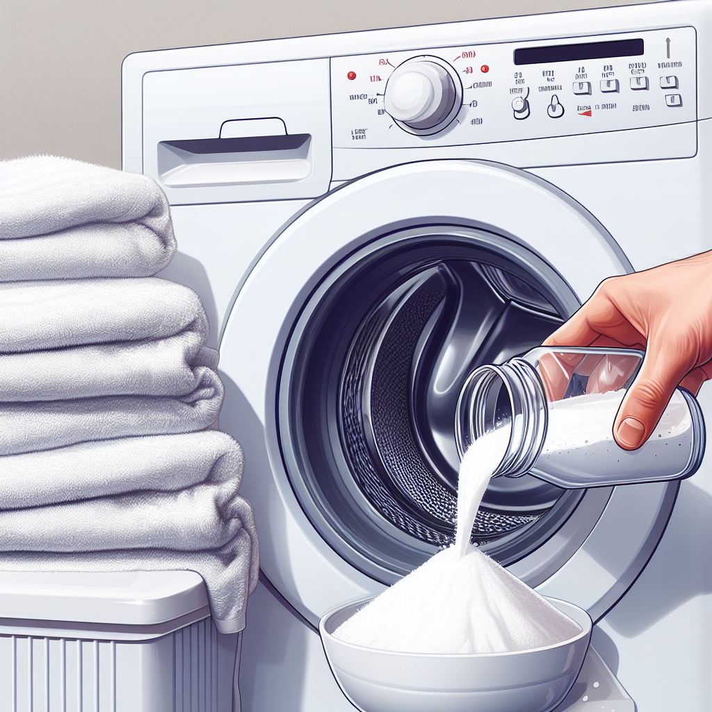A washing machine with white towels.