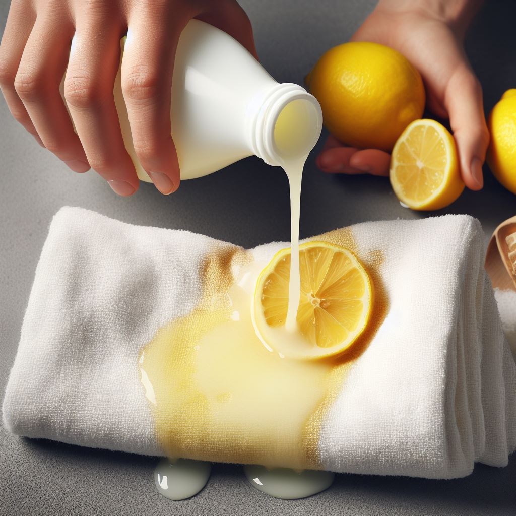 Lemon mixture put onto a stained white towel, highlighting the natural bleaching properties.