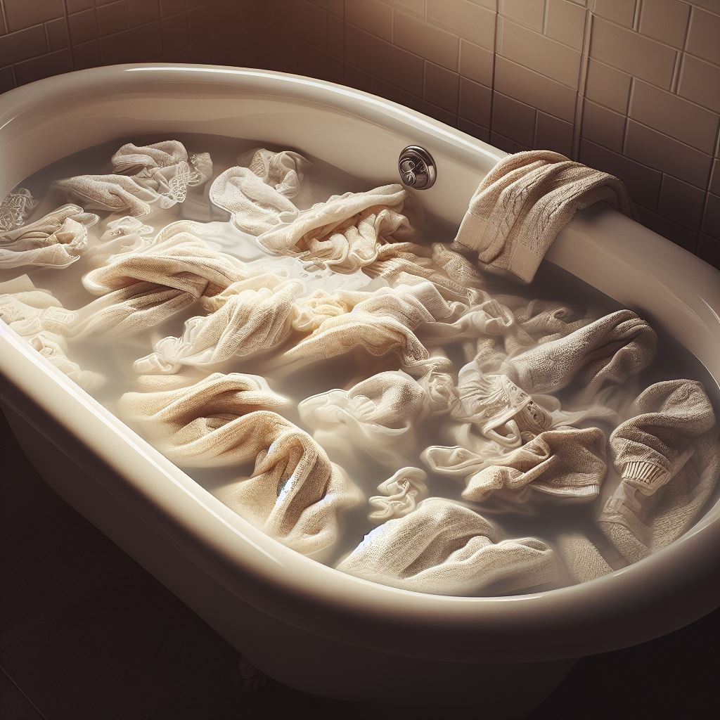 Picture of a bathtub filled with white towels submerged in a vinegar solution.