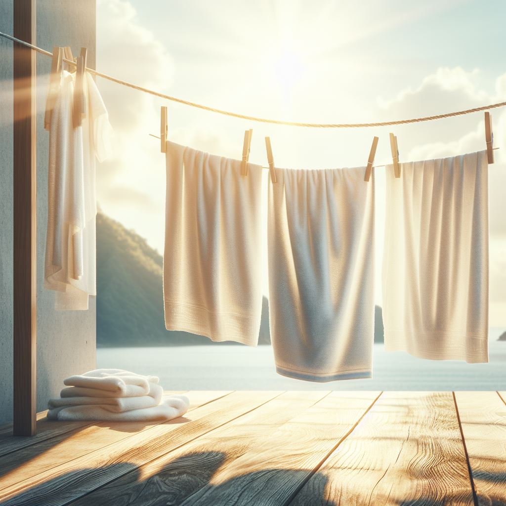 White towels hung on a clothesline in the sunlight.